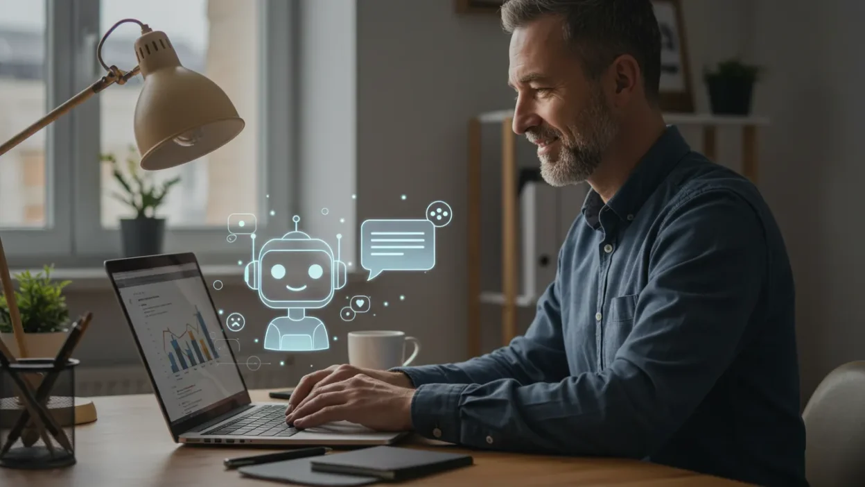 Small business owner using a free AI chatbot for customer service.