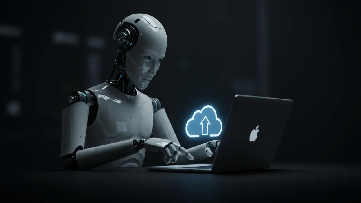 robot reading news on a laptop with a cloud upload symbol